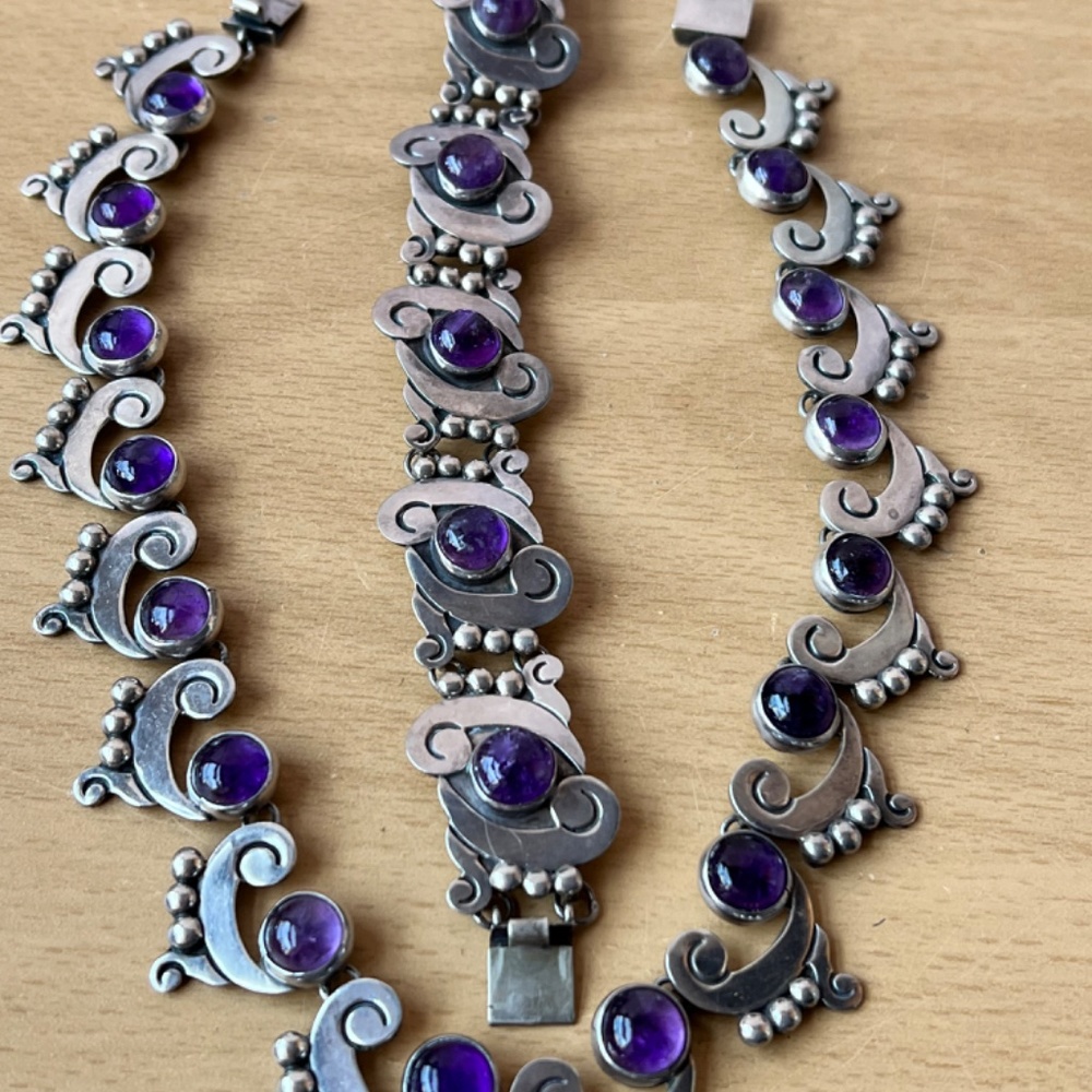 FELIPE MARTINEZ TAXCO 1940'S AMETHYST STERLING NECKLACE AND BRACELET SET MEXICO - Picture 16 of 16